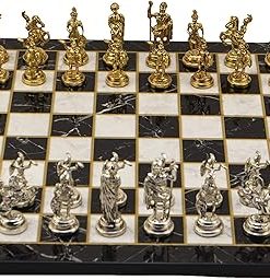 Handmade Metal Chess Set with Roman Figures and Marble Design Board 2