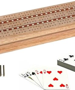 WE Games Cribbage Set with Solid Oak Board, Metal Pegs, 2 Decks
