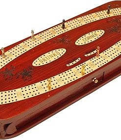 Oval 4 Track Wooden Cribbage Board Set for 4 Players with Storage 2