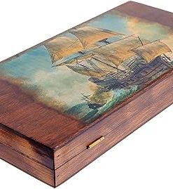 Handmade Wooden Backgammon Game Set, Sailing Warship Design – Medium Size (38x19cm – 15”x7.5” Closed) 2