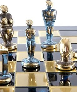 Bronze Cycladic Art Large Chess Set with Blue Chess Board Design