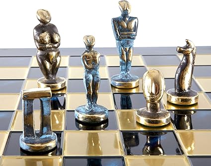 Bronze Cycladic Art Large Chess Set with Blue Chess Board Design Bronze Cycladic Art Large Chess Set with Blue Chess Board Design