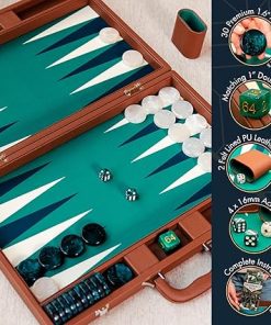 19 Inch Leather Backgammon Set for Adults Brown and Green Travel Game 2