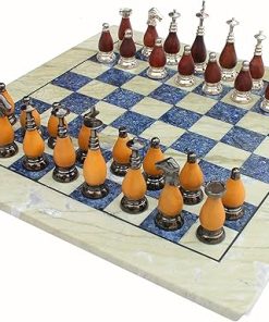 Australian Marble and Lapis Lazuli Chess Board Set with Brass Pieces 15 Inch