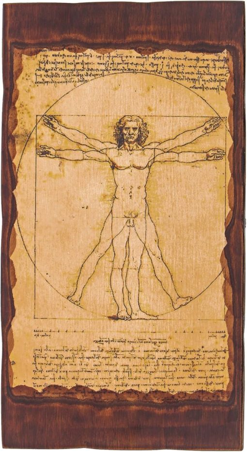 Handmade Wooden Backgammon Game Set, Vitruvian Man Gravure - Small Size (30x15x5 cm - 11.8''x5.9''x1.9'' Closed)