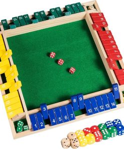 Upgraded 16.54” Shut The Box Dice Game 4 Player-Colorful Wooden Close The Box Game with 15 Numbers + 16 Dices- Tabletop Math Board Game Kids & Adults