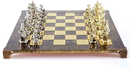 Knights Chess Set in Brass and Nickel with Brown Chess Board 2 Knights Chess Set in Brass and Nickel with Brown Chess Board - Image 2