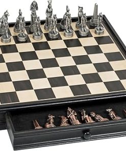 Egyptian Chess and Checkers Game Set with Pewter Chessmen and Drawer Storage 2