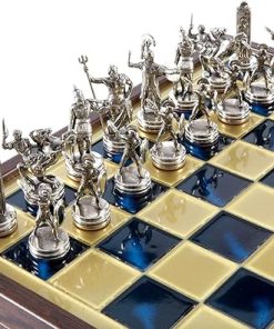 Greek Mythology Chess Set Brass Nickel Wooden Case Blue Board 2