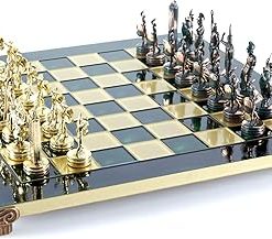 Greek Mythology Chess Set with Brass and Green Pieces and Board