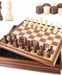Deluxe Wooden Chess and Checkers Set 15 Inch Box with Storage 2 in 1
