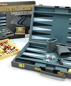 Matty’s Toy Stop Deluxe 15″ Backgammon Briefcase (Vinyl Gray Attache) with 3-in-1 Chess, Checkers & Backgammon Wooden Travel Games Set (8″)