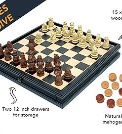 Medieval Chess and Checkers Set with Polystone Pieces and Drawer 15 in 2