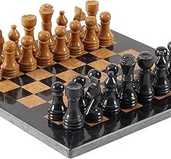 Handmade 12 Inch Black and Gold Marble Chess Set for Adults