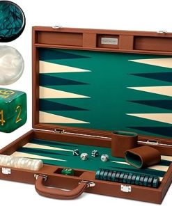 19 Inch Leather Backgammon Set for Adults Brown and Green Travel Game