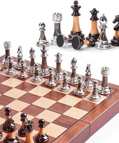 VAMSLOVE Chess Set Large 16”/42cm Folding Wooden Board with Deluxe Weighted Acrylic Chess Pieces – 3.5″ King with Storage Slots for Adults House Warming Retirement Gift