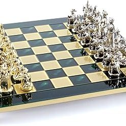 Brass and Nickel Knights Chess Set with Green Board for Two Players