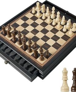 12.5 Inch Wooden Chess Set with Magnetic Pieces and Storage Drawers