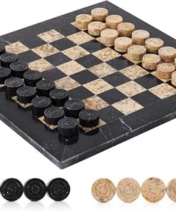 Handmade Marble Checkers Board Game 12 Inches Black and Coral Set