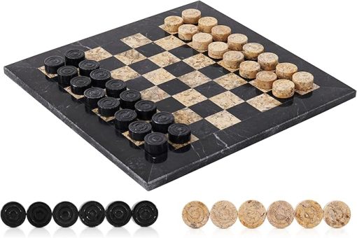 Handmade Marble Checkers Board Game 12 Inches Black and Coral Set