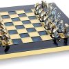 Bronze Cycladic Art Chess Set with Blue Chess Board for Collectors
