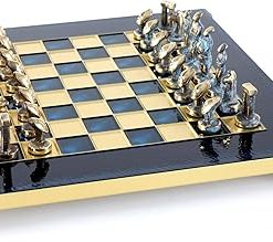 Bronze Cycladic Art Chess Set with Blue Chess Board for Collectors