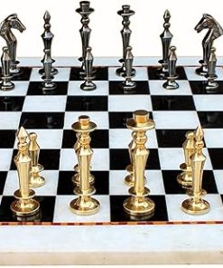 Collectible White and Black Marble Chess Board Set with Brass Pieces 15 Inches 2