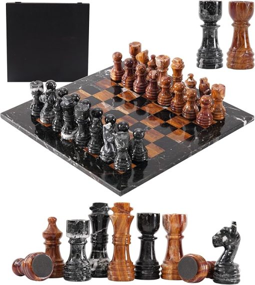 Marble Chess Set with Storage Box 12 Inches Black and Red Outdoor Game