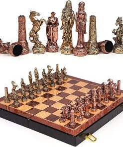 Vintage Metal Chess Set with Wooden Board for Adults and Kids