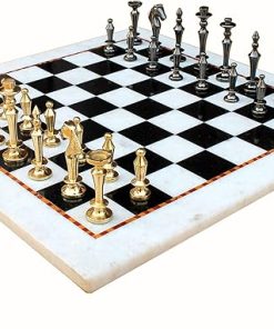 Collectible White and Black Marble Chess Board Set with Brass Pieces 15 Inches