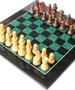 Black Marble and Malachite Chess Set with Wooden Pawns – 15 Inch Home Décor 2