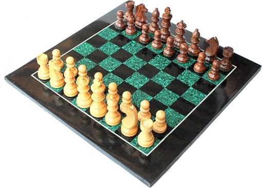 Black Marble and Malachite Chess Set with Wooden Pawns - 15 Inch Home Décor - Image 2