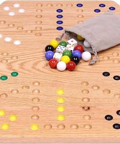 Wahoo Marble Game Board Set 20 Inch Solid Oak Double-Sided Marbles Dice