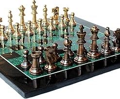 Black Marble Malachite Chess Board Set with Brass Pieces 15 Inches 2