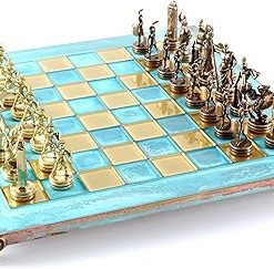 Greek Mythology Chess Set Brass and Copper with Blue Oxidized Board