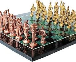 Black Marble Malachite Chess Board Set with Brass Roman Pieces 15 Inches