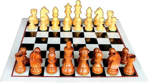 White Natural Stone and Black Marble Chess Board with Wooden Pieces 15 Inches - Image 2
