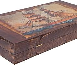 Handmade Wooden Backgammon Game Set, Old Sailing Ship Design – Small Size (30x15x5 cm – 11.8”x5.9”x1.9” Closed) 2