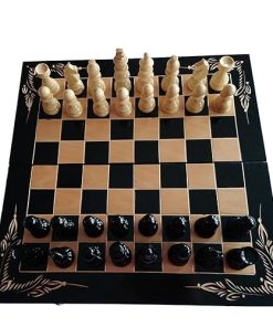 Black Wooden Chess Set with Checkers Backgammon 17.6 Inch Game Gift