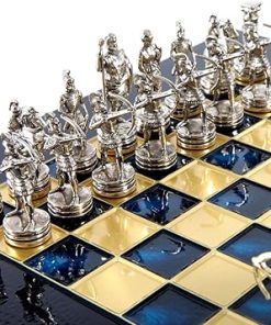 Archers Small Chess Set Brass Nickel Blue Chess Board for Sale 2