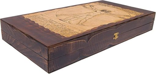 Handmade Wooden Backgammon Game Set, Vitruvian Man Gravure - Small Size (30x15x5 cm - 11.8''x5.9''x1.9'' Closed) - Image 2