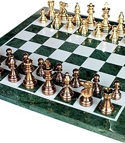 Collectible Green Marble Chess Board Set with Brass Pieces 15 Inches