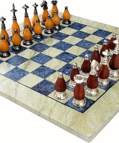 Australian Marble and Lapis Lazuli Chess Board Set with Brass Pieces 15 Inch 2