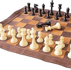 Genuine Leather Roll-Up Chess Set with Plastic Pieces 19″x19″ Brown