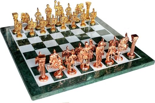 Green Marble Chess Board Set with Brass Chess Pieces Decorative Home Décor - Image 2