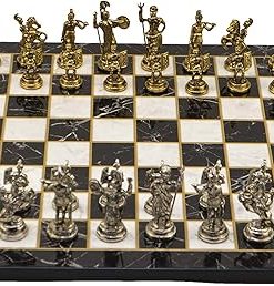 Handmade Metal Chess Set with Greek Zeus Figures and Marble Board 2