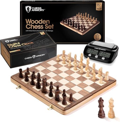 Wooden Chess Set with Clock Bundle for Kids and Adults 15 Inches