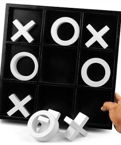14 Inch Wooden Tic Tac Toe Game Set for Coffee Table Decor Black White