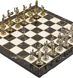 Handmade Metal Chess Set with Greek Zeus Figures and Marble Board