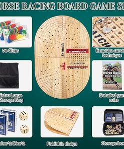 Wood Horse Racing Board Game,Horse Racing Game,Foldable Horse Race Game,Large 24.8in,11 Premium Metal Horses,96 Chips,2 dice,2 Boxes of Playing Cards,1 Accessory Storage Box,1 Large Storage Bag 2